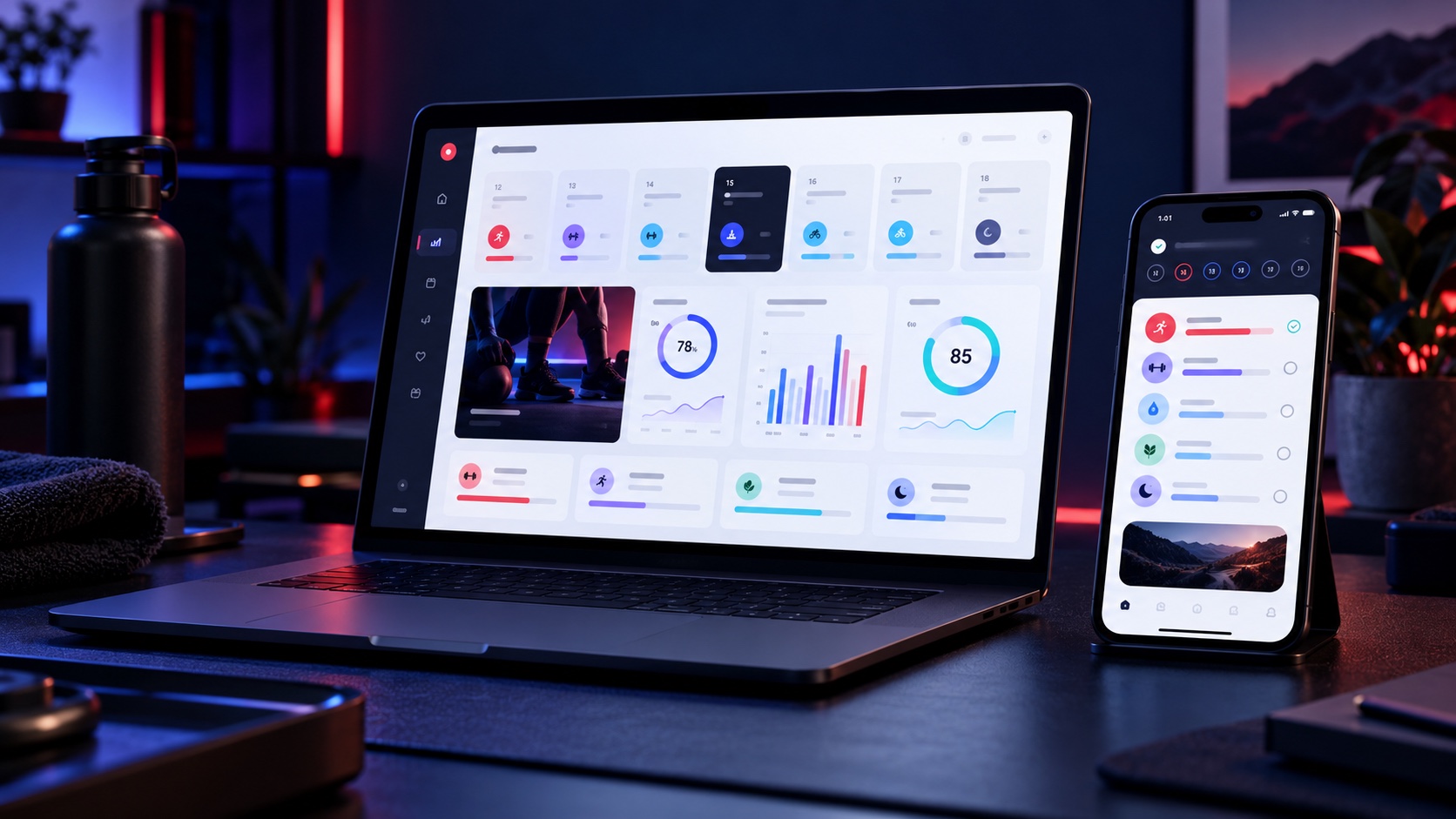 Concept interface for a Webbivo lifestyle product showing fitness and routine tracking